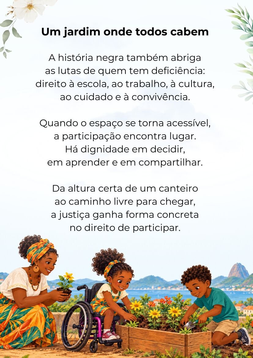 Poema Um jardim onde todos cabem, com uma mulher e duas crianças negras, uma em cadeira de rodas, cuidando de flores.